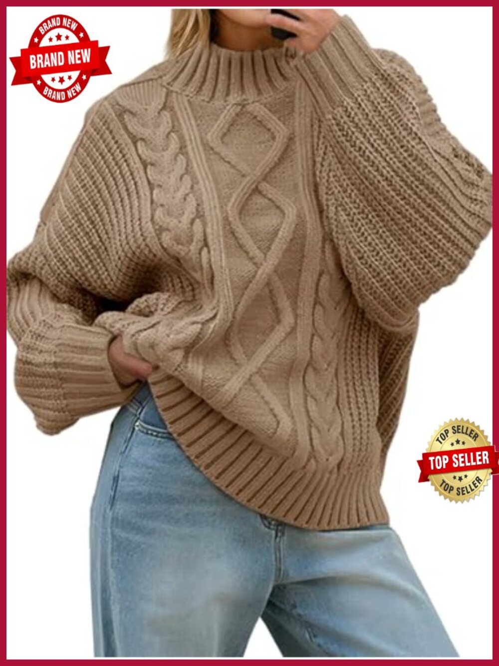 Oversized Cable Knit Turtleneck Button Pullover Sweater